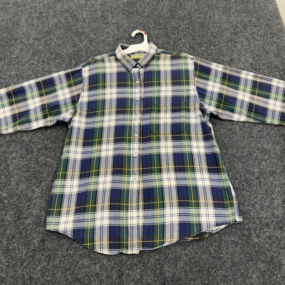 Vintage LLBean Freeport Maine Shirt Women 12 Blue Green Cotton Plaid Flannel 90s